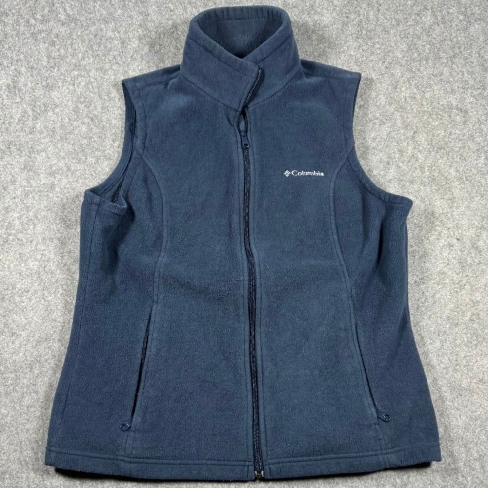 Columbia Mens Navy Blue Fleece Full Zip Vest Large Mock Neck Zipper Pockets L